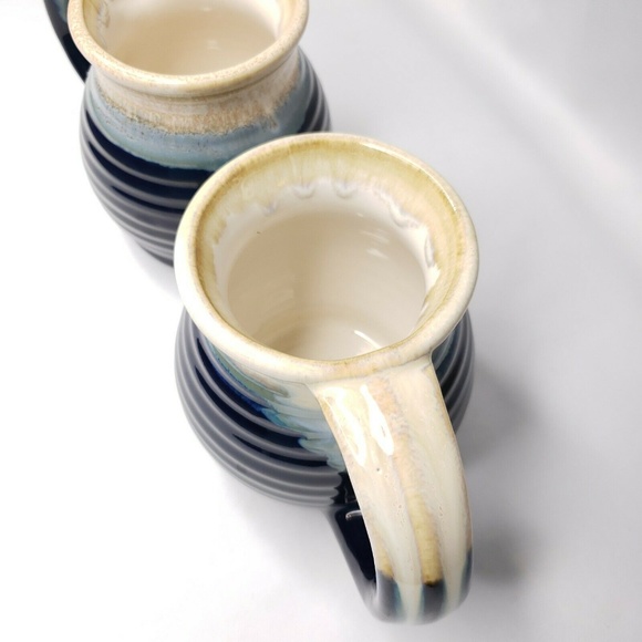 Set Of 2 Two Blue Beige Drip Glaze Pottery Mugs - Picture 4 of 5